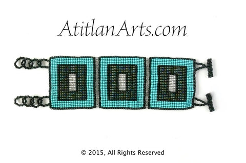 Flat Bracelet Squares Beaded Turquoise & Black wide. BR-F2-3S-05