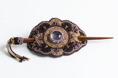Hair Barrette with Wood Dowel; purple, light purple, gold