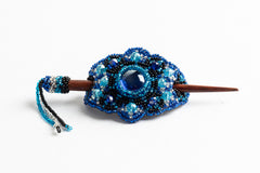 Hair Barette with Wood Dowel; small; bright blue, blue, black