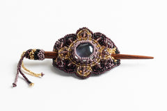 Hair Barrette with Wood Dowel; small; purple, light purple, gold