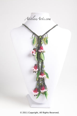 Pink & Red Fuschia with Dark Green Lariat Necklace