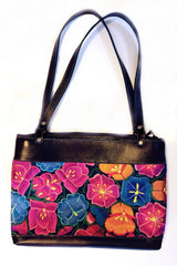 Handwoven Bag 08.2 with Leather Trim & Silk Embroidered Flowers