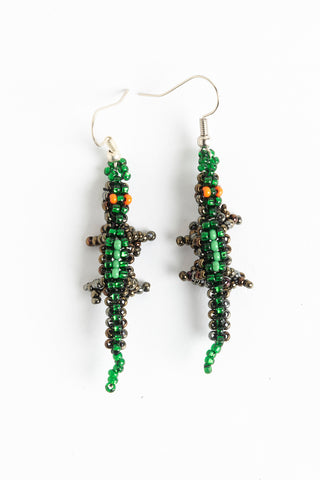 Earring; Alligator; bronze, green, luster green