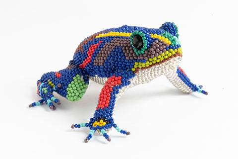 Frog; medium; luster blue with multicolor spots and stripes