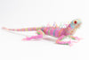 Lizard: large; pink with pale blue, yellow, and green