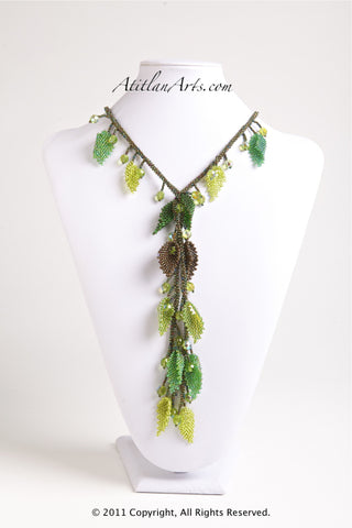Green & Bronze Leaves Lariat Necklace