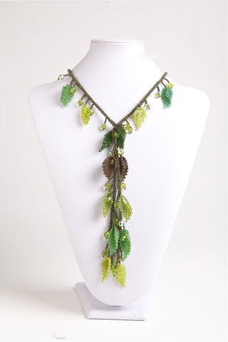 Lariat Necklace, Green Leaves