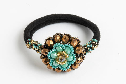 Ponytail Holder with Crystal Cluster; turquoise, gold