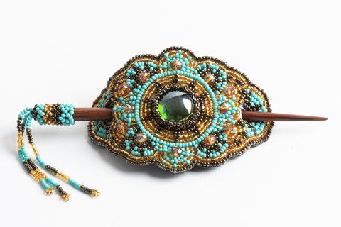 Hair Barrette with Wood Dowel; turquoise, gold, bronze