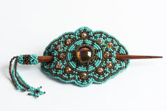 Hair Barrette with Wood Dowel; turquoise, bronze