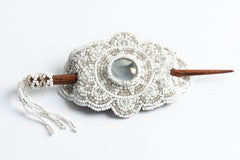 Hair Barrette with Wood Dowel: white, silver