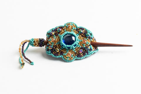 Hair Barette with Wood Dowel; small; turquoise, gold, purple