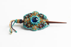 Hair Barette with Wood Dowel; small; turquoise, gold, peacock purple