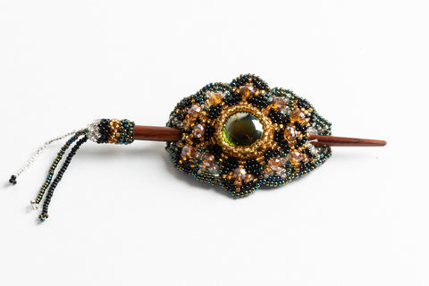 Hair Barrette with Wood Dowel; small; gold, peacock green, black, silver