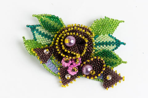 Rose with Buds and Leaves Brooch; purple, yellow, greens