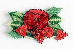 Rose with Buds and Leaves Brooch; red, black, greens