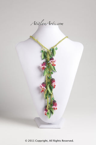 Pink & Red Fuschia with Light Green Lariat Necklace