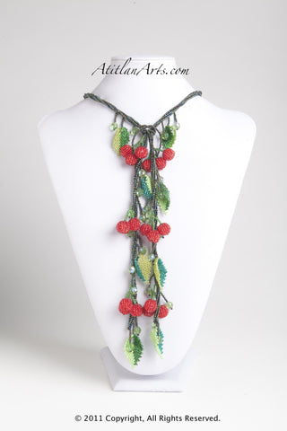 Red Berries with Dark Green Lariat Necklace