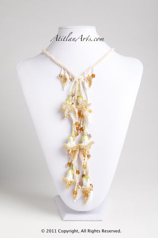 White & Gold Foxglove gold stamens with Ivory Lariat Necklace